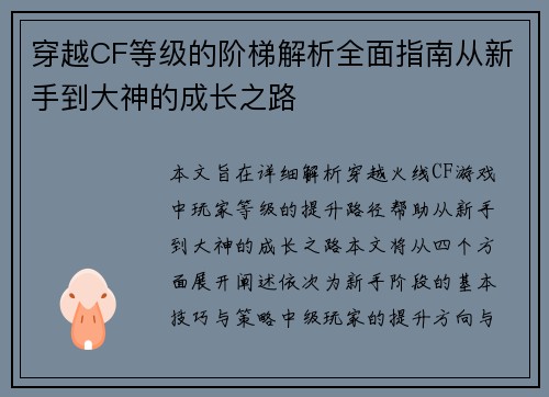 穿越CF等级的阶梯解析全面指南从新手到大神的成长之路